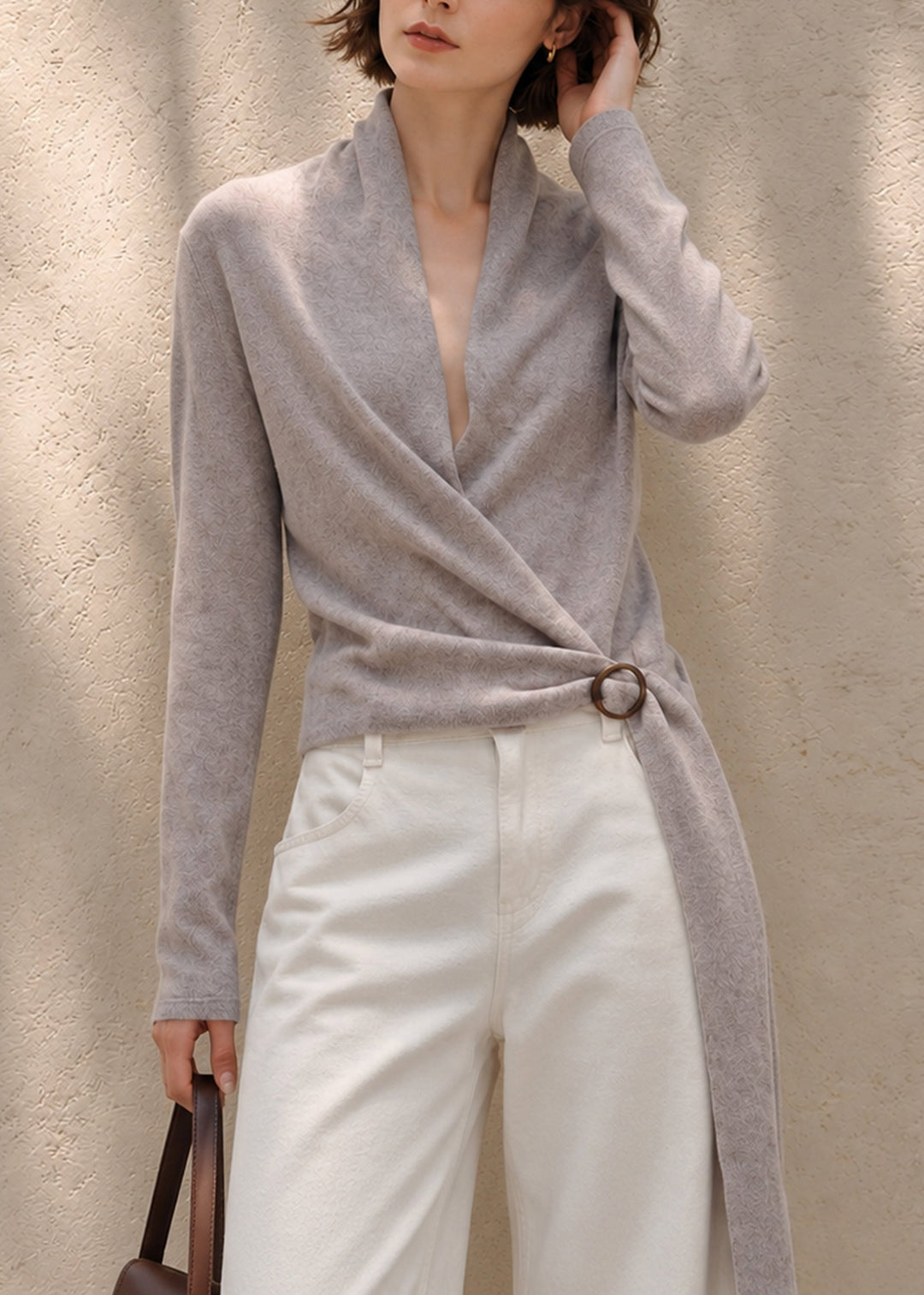 Beautiful Grey Purple Wrap Cross V Neck Sash Knit Sweater Fall