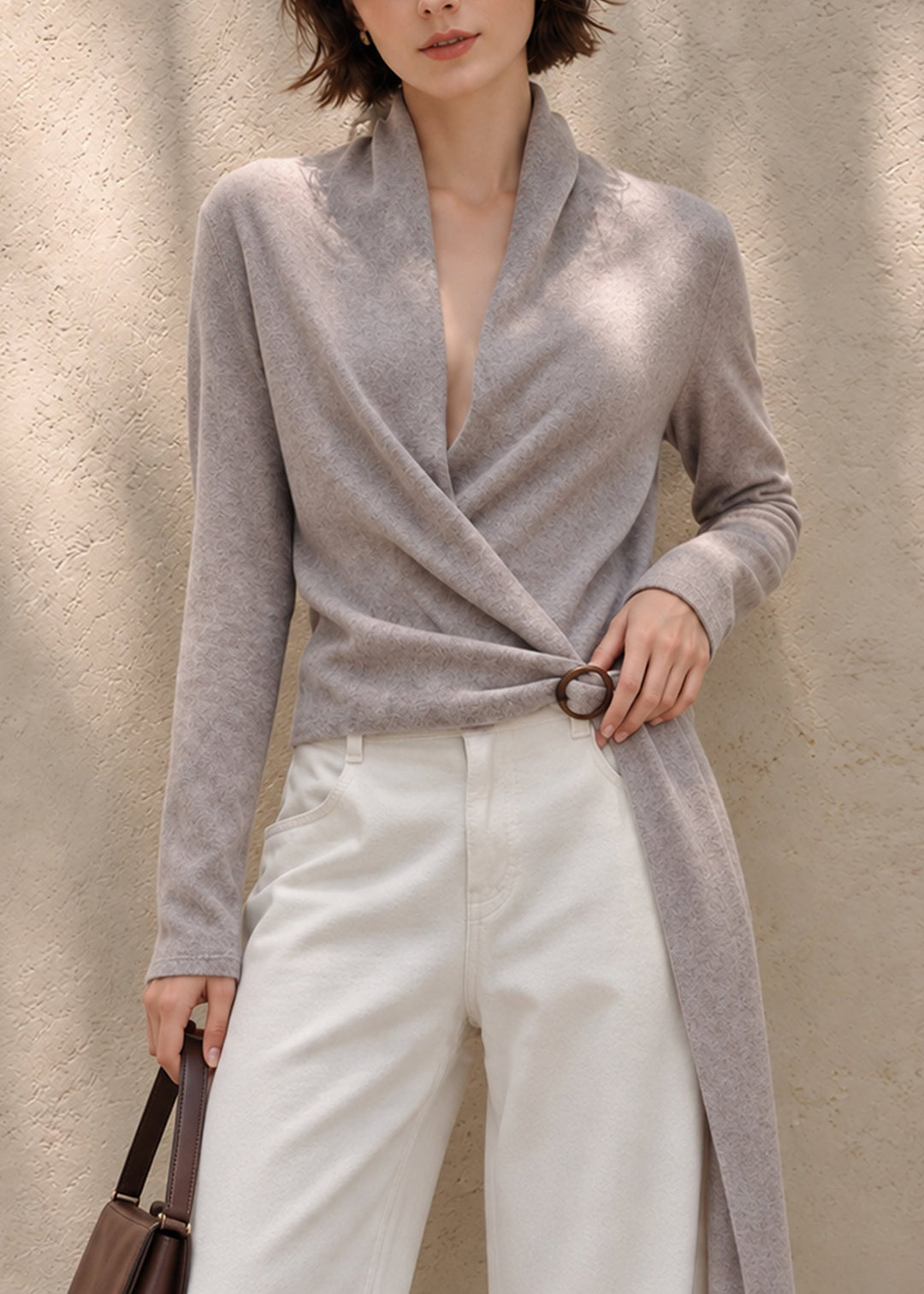 Beautiful Grey Purple Wrap Cross V Neck Sash Knit Sweater Fall