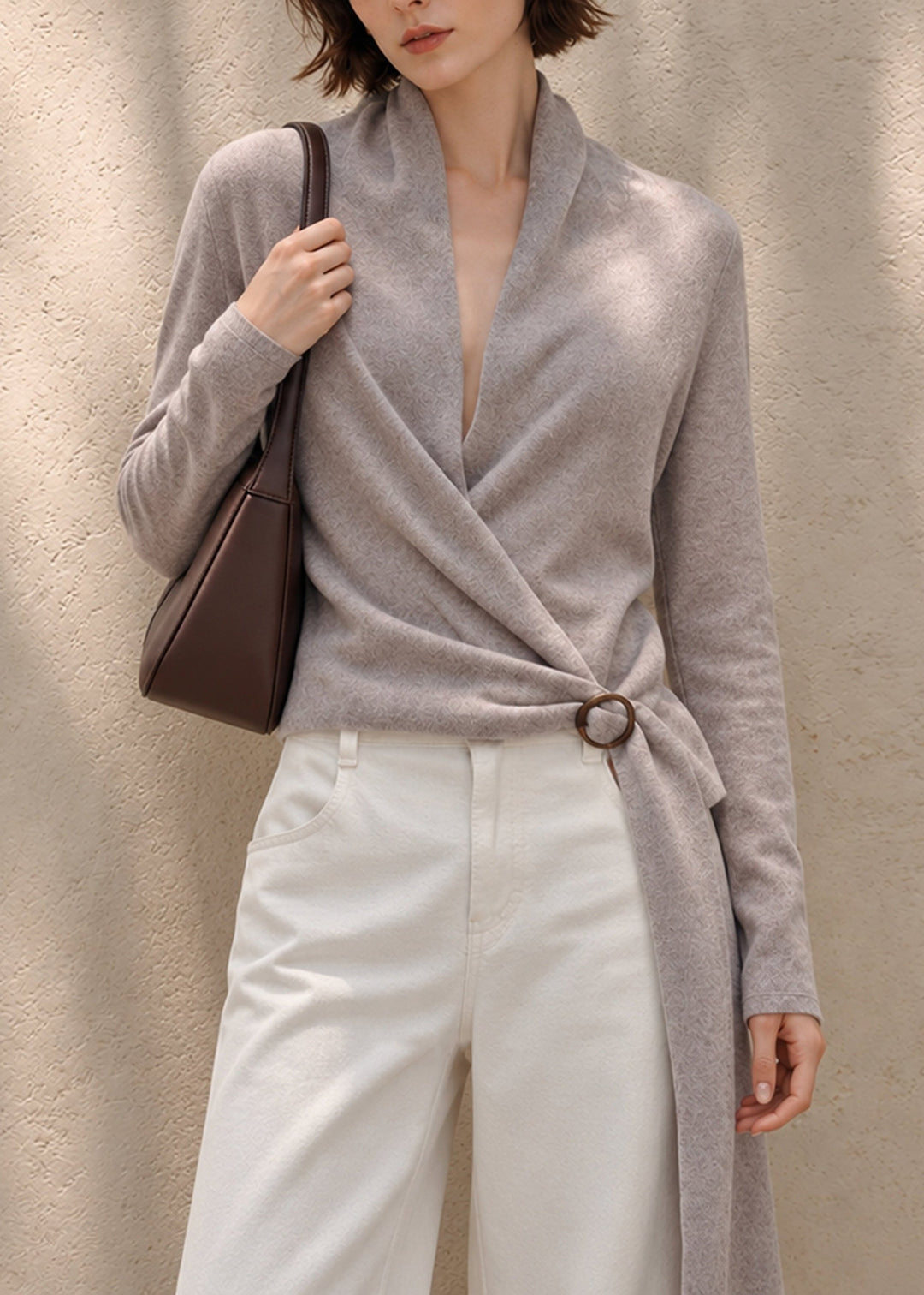 Beautiful Grey Purple Wrap Cross V Neck Sash Knit Sweater Fall
