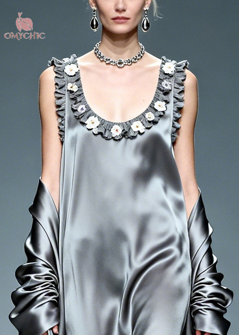 Beautiful Grey Ruffled Floral Silk Vacation Dresses Summer