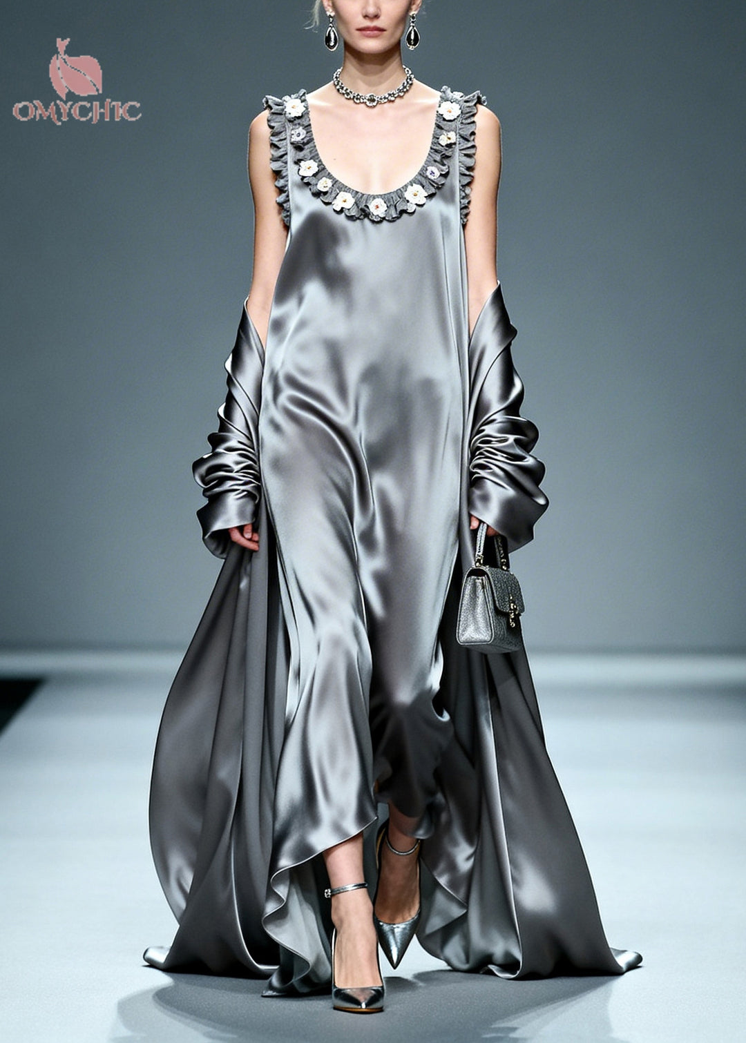 Beautiful Grey Ruffled Floral Silk Vacation Dresses Summer