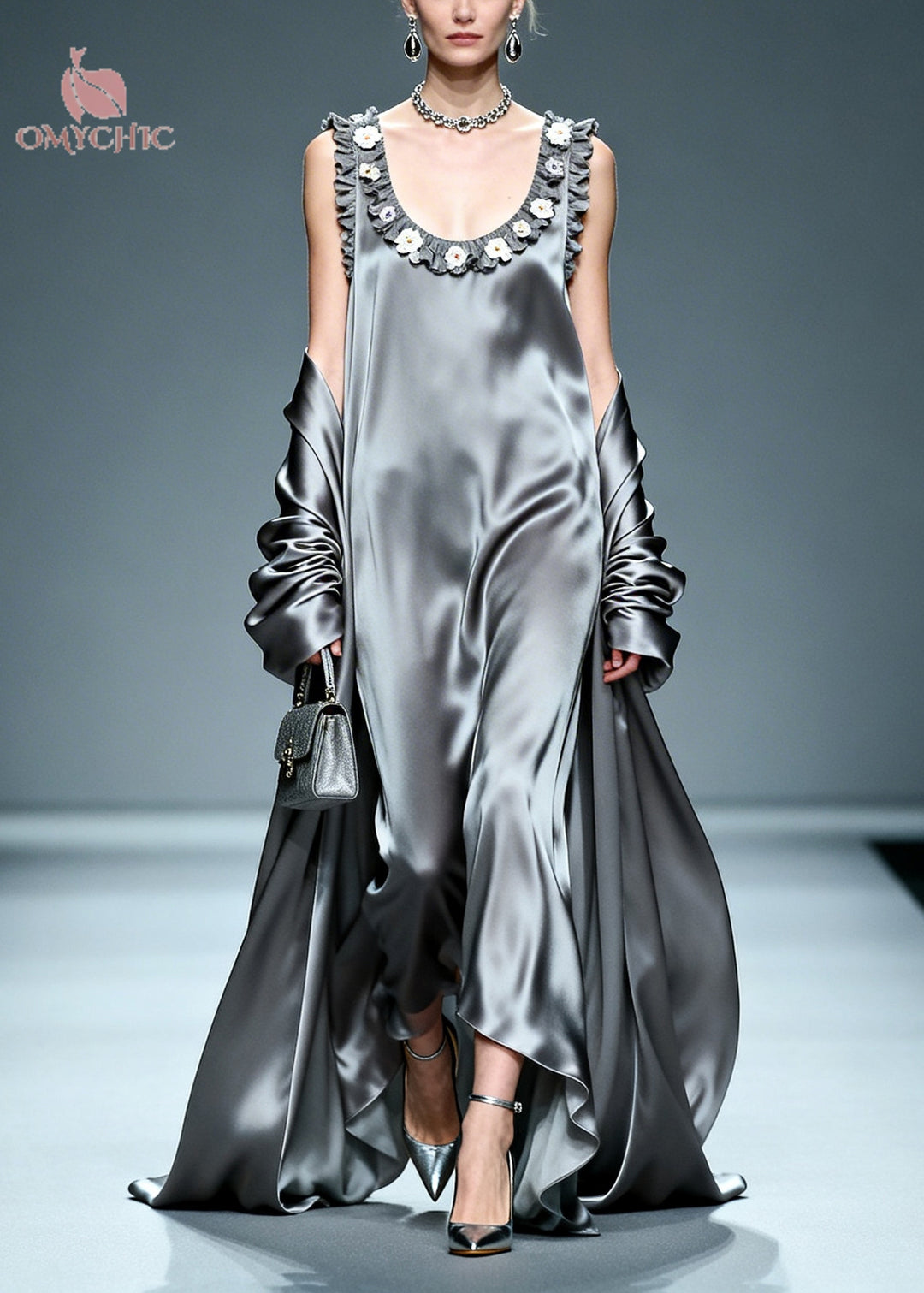 Beautiful Grey Ruffled Floral Silk Vacation Dresses Summer