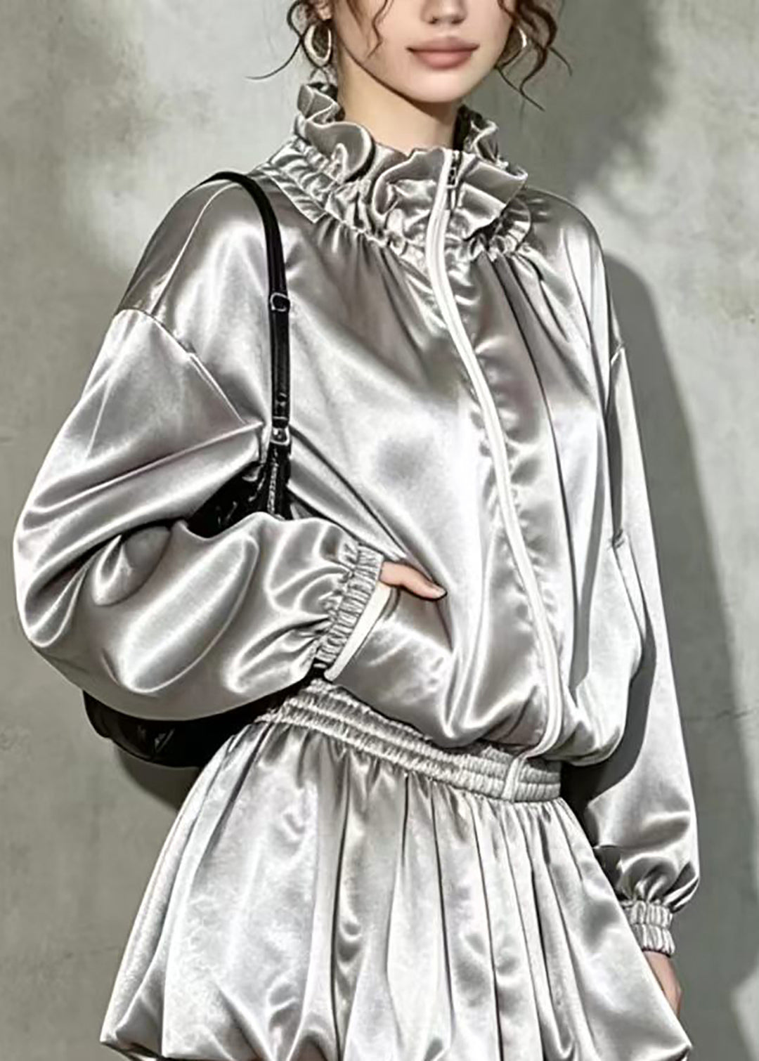 Beautiful Grey Ruffled Stand Collar Zip-Up Two Pieces Set Long Sleeve