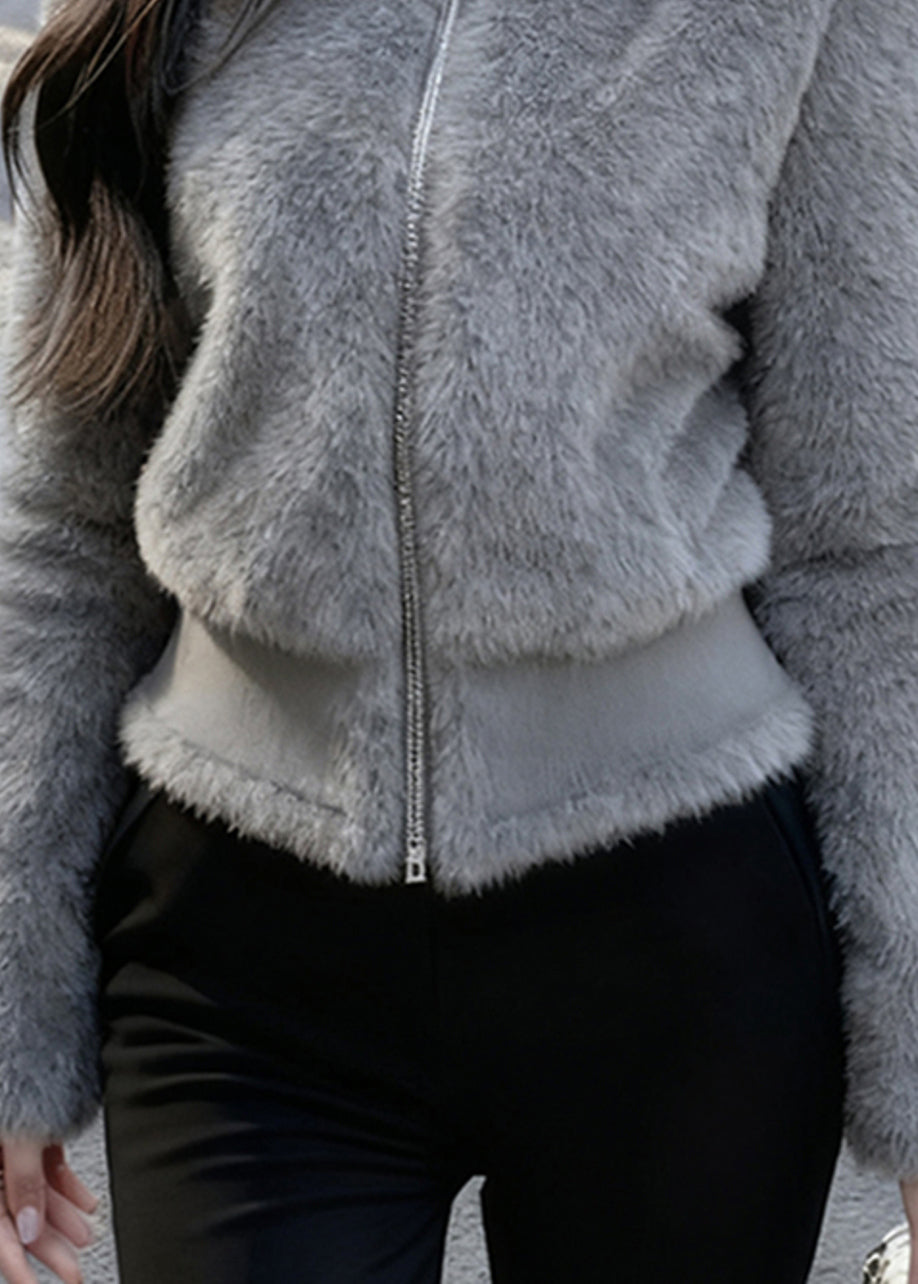 Beautiful Grey Stand Collar Zippered Mink Hair Coats Winter