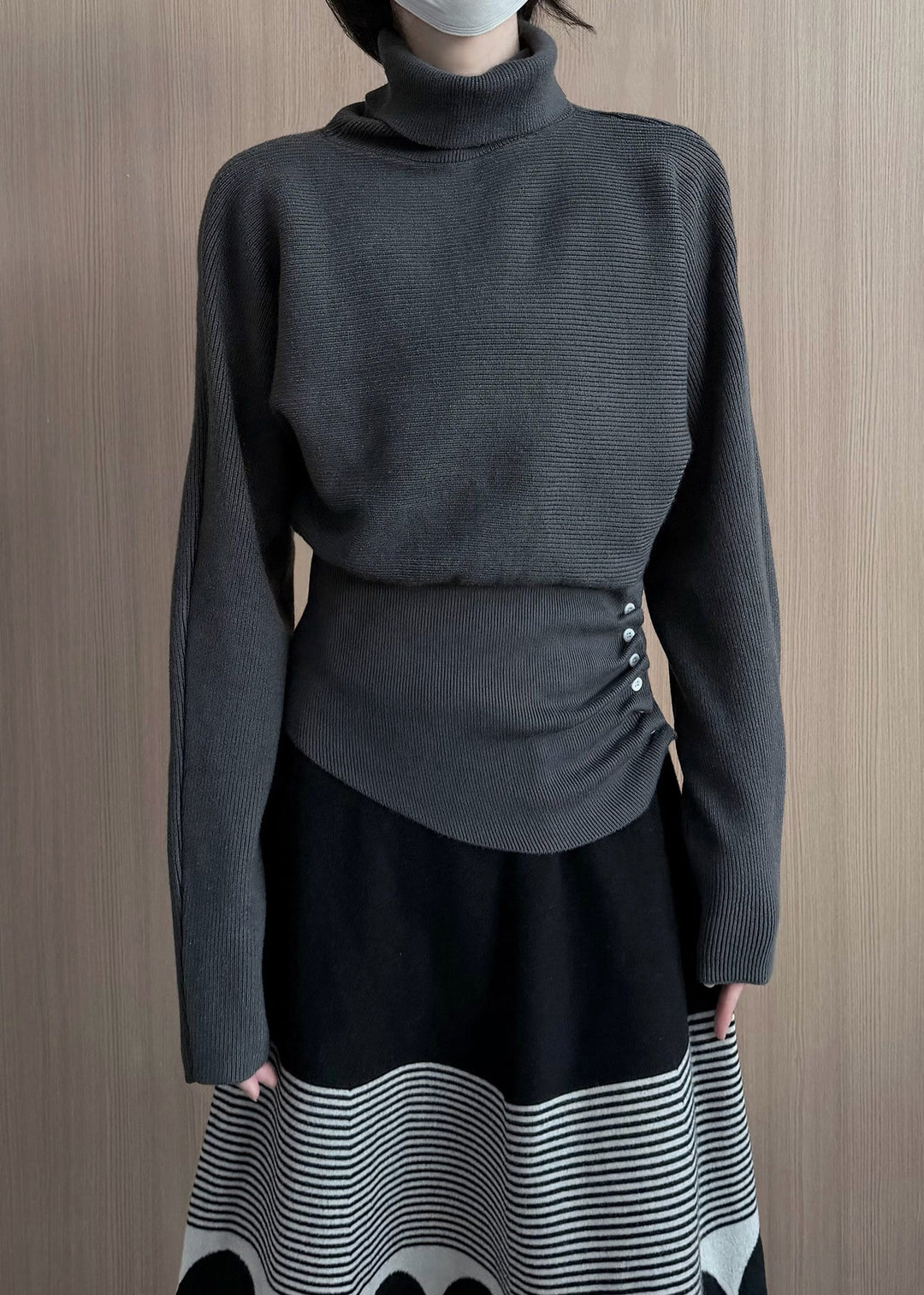 Beautiful Grey Turtle Neck Asymmetrical Design Knit Pullover Winter