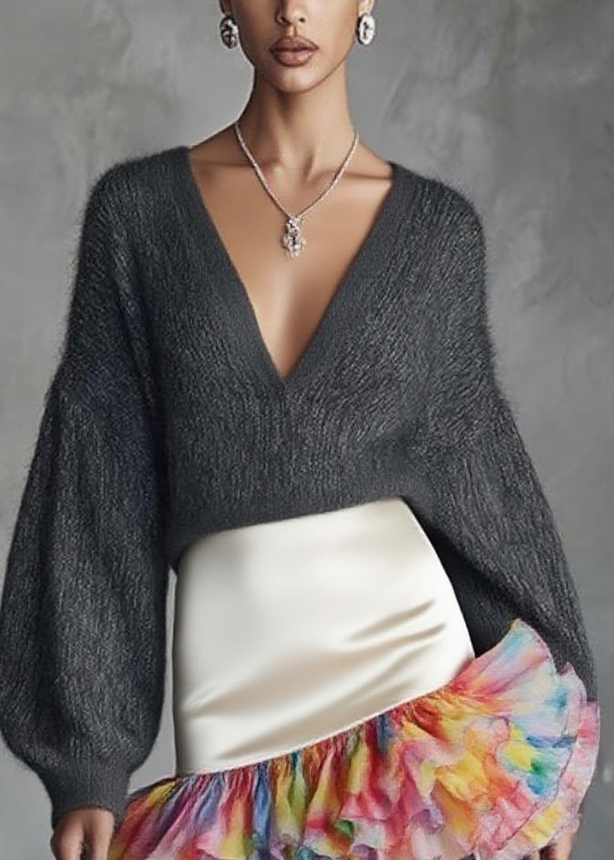Beautiful Grey V Neck Knit Sweaters And Silk Ruffled Skirts Two Pieces Set Spring