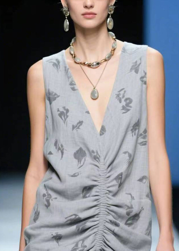 Beautiful Grey Wrinkled Side Open Cotton Tea Dress Summer