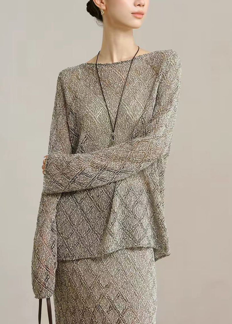 Beautiful Heather Grey Diamond Cut Out Blouse Top Long Sleeve