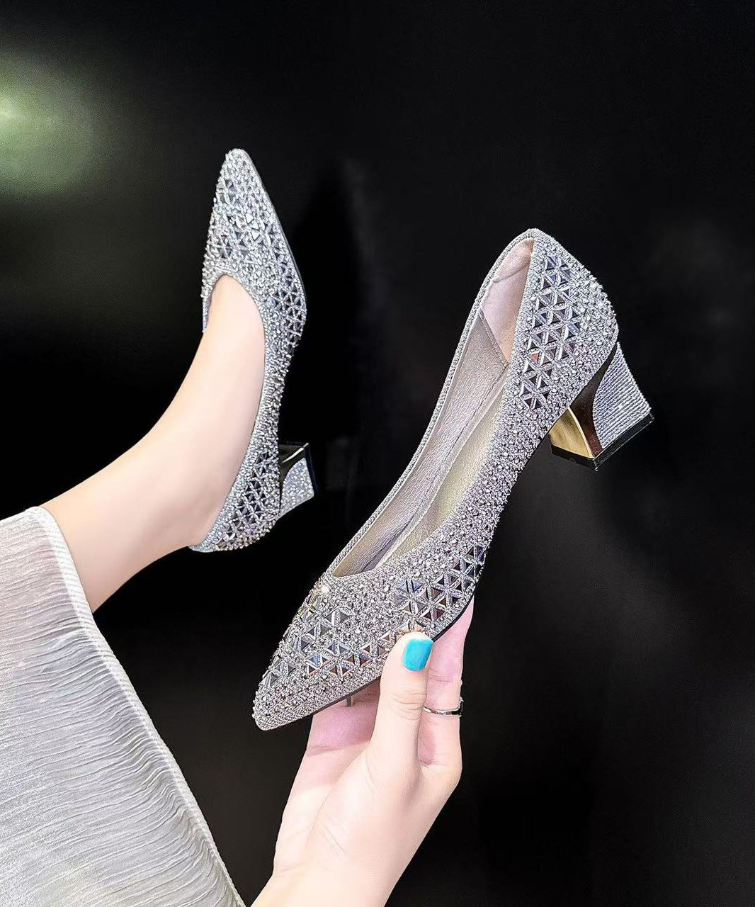 Beautiful Hollow Out Chunky High Heels Silvery Faux Leather