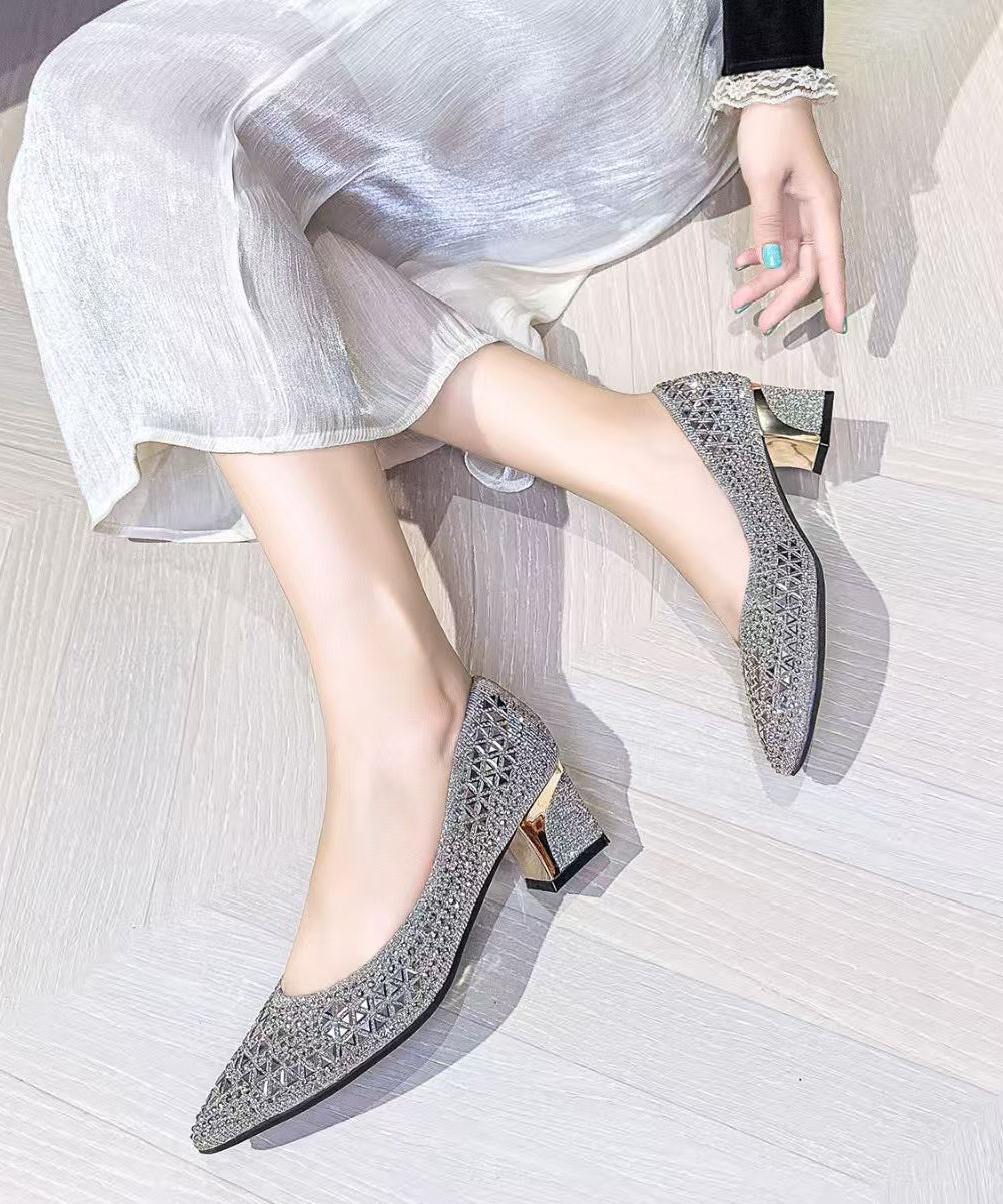 Beautiful Hollow Out Chunky High Heels Silvery Faux Leather