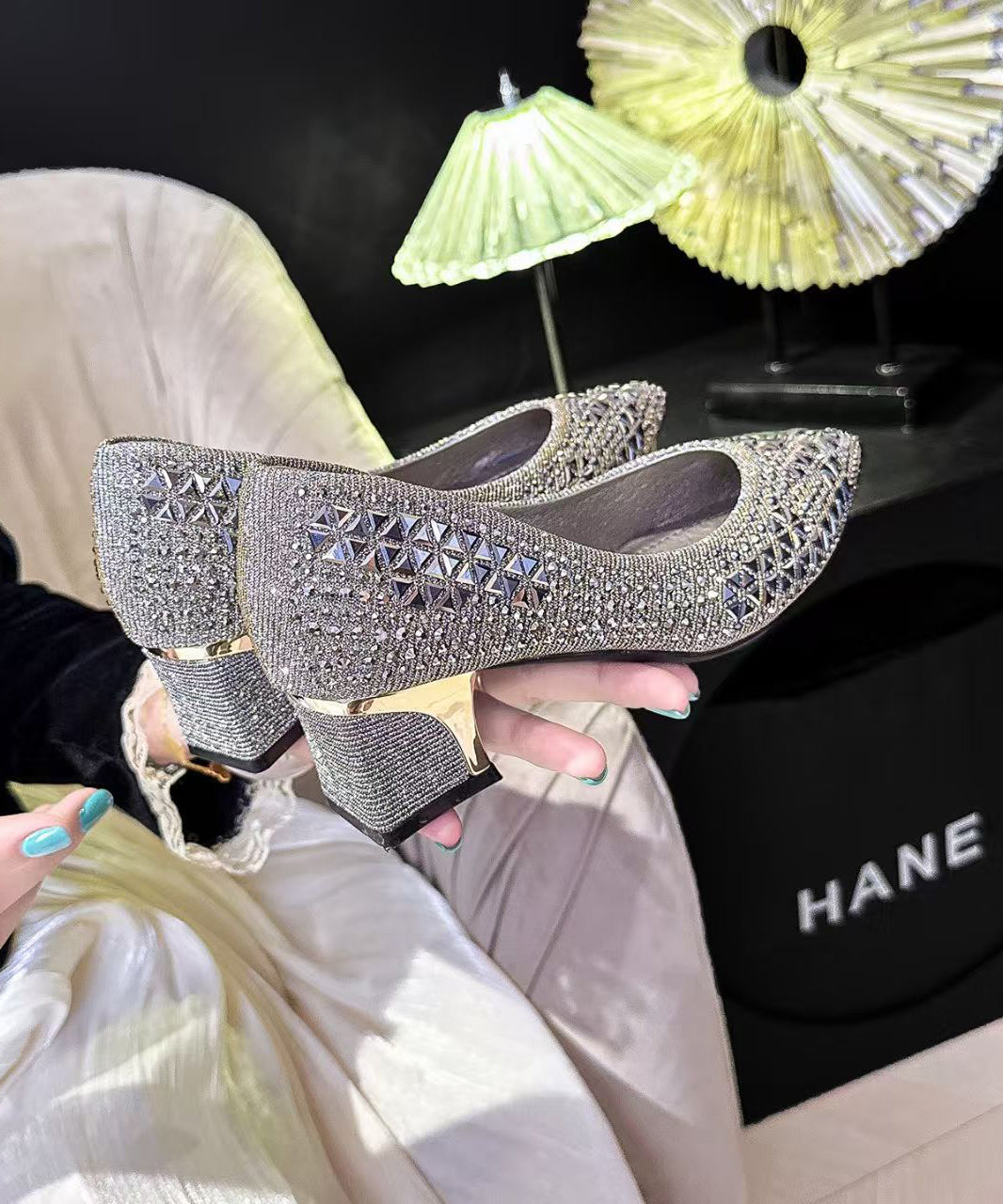 Beautiful Hollow Out Chunky High Heels Silvery Faux Leather