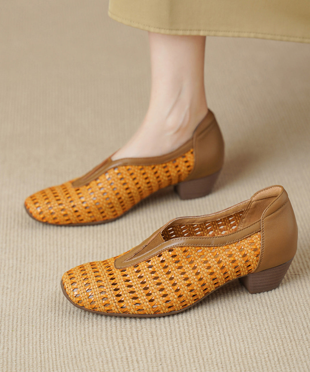 Beautiful Hollow Out Chunky Sandals Brown Sheepskin