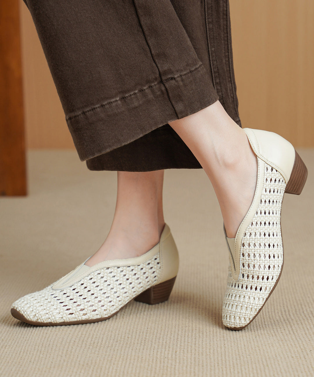 Beautiful Hollow Out Chunky Sandals Brown Sheepskin