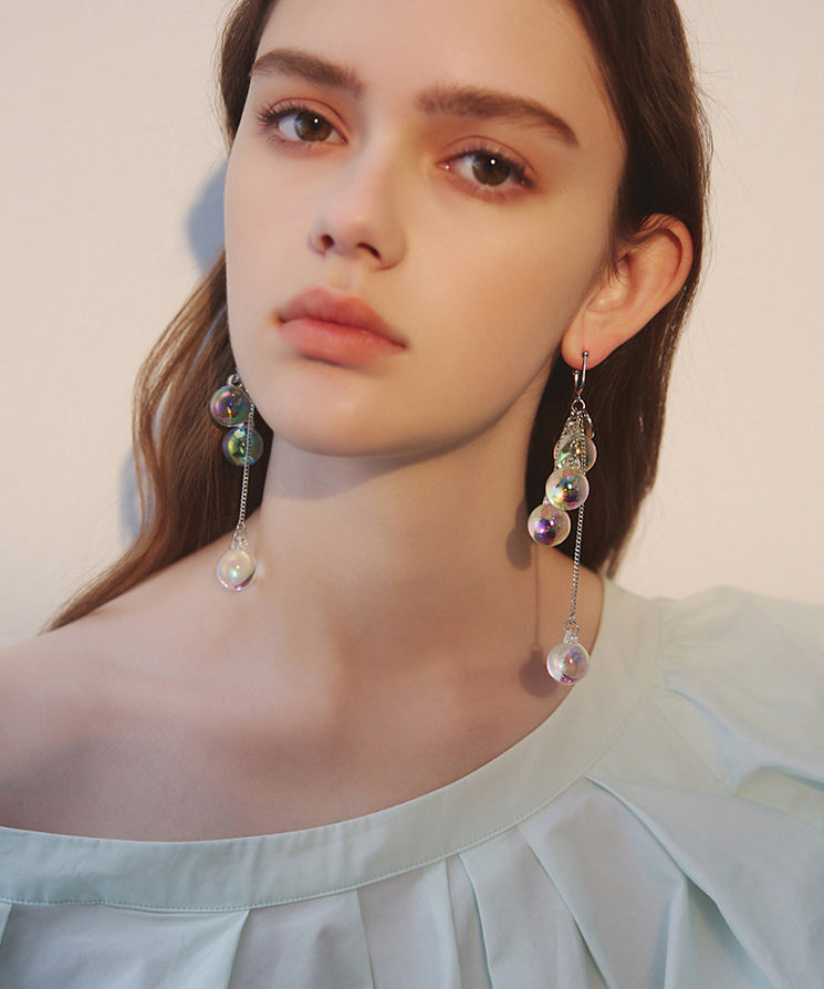 Beautiful Iridescent Bubble Long Tassel Crystal Bead Drop Earrings