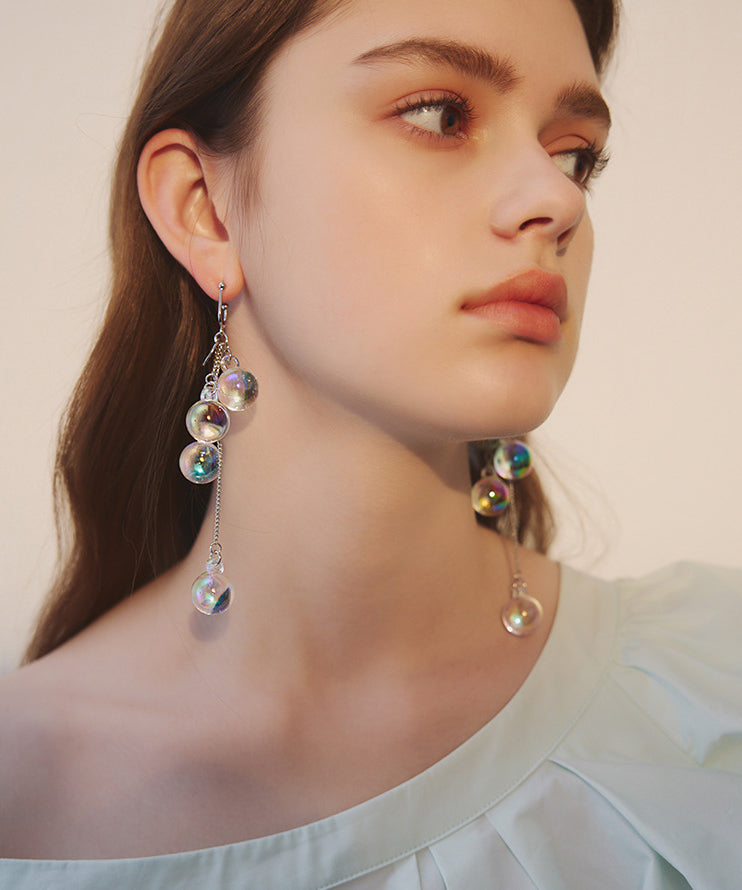 Beautiful Iridescent Bubble Long Tassel Crystal Bead Drop Earrings