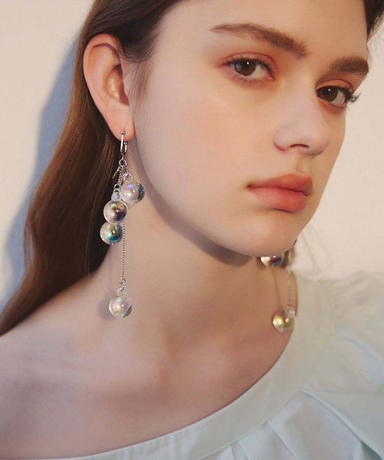 Beautiful Iridescent Bubble Long Tassel Crystal Bead Drop Earrings