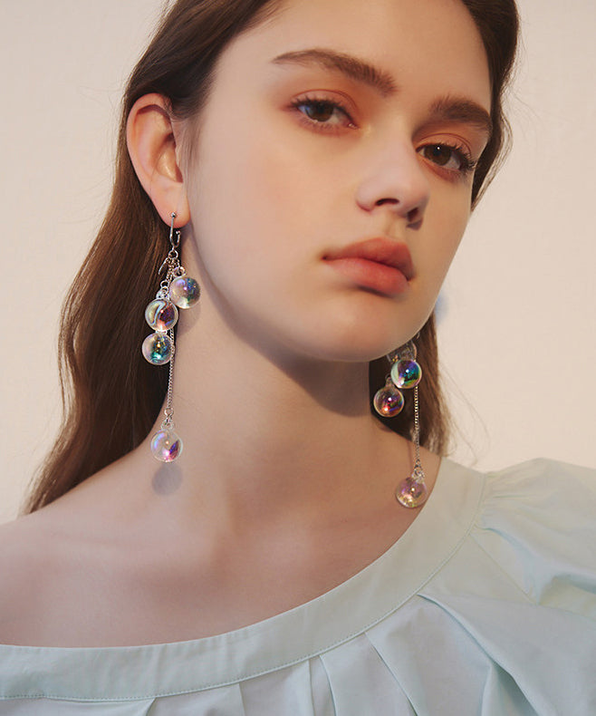 Beautiful Iridescent Bubble Long Tassel Crystal Bead Drop Earrings