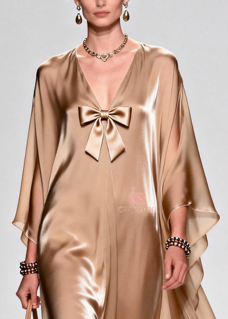 Beautiful Khaki Bow Exra Large Hem Draping Chiffon Maxi Dresses Summer