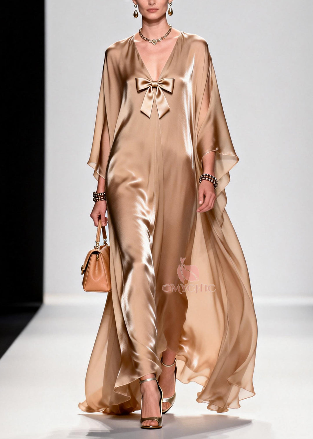 Beautiful Khaki Bow Exra Large Hem Draping Chiffon Maxi Dresses Summer