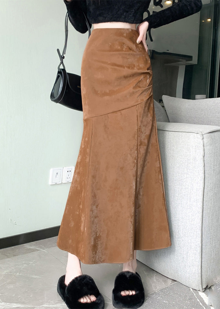 Beautiful Khaki High Waist Patchwork Silk Velvet Fishtail Skirt Fall