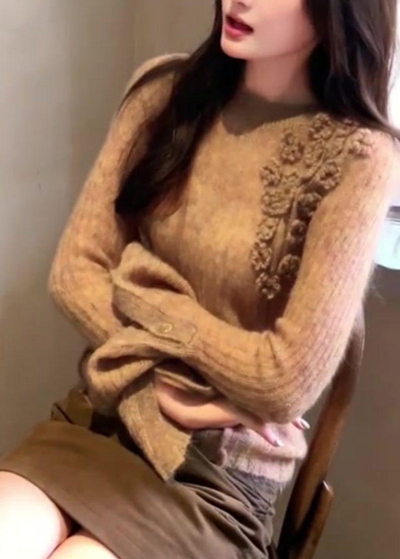 Beautiful Khaki O-Neck Floral Solid Cotton Knit Sweater Flare Sleeve