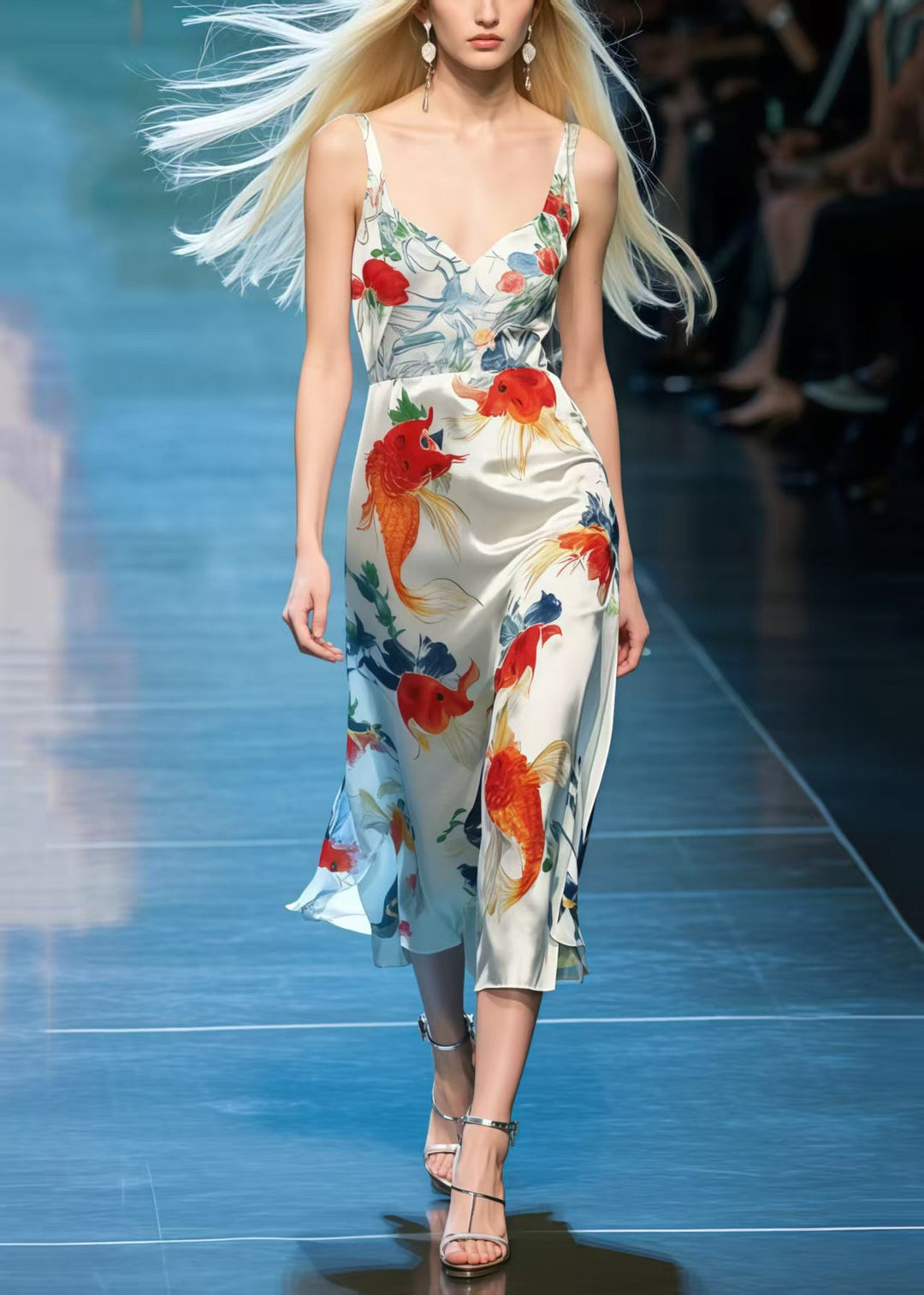 Beautiful Koi Fish Print Draping Silk Cami Dresses Summer