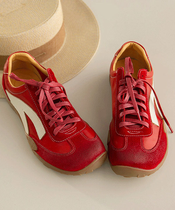 Beautiful Lace Up Flat Shoes Red Cowhide Leather