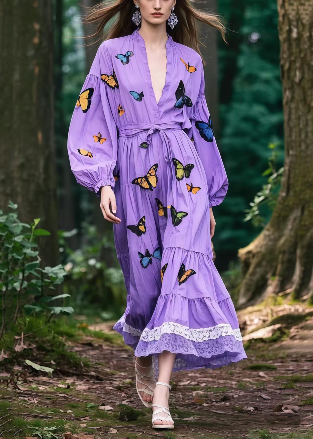 Beautiful Lavender Tie Waist Butterfly Cotton Vacation Dress Spring