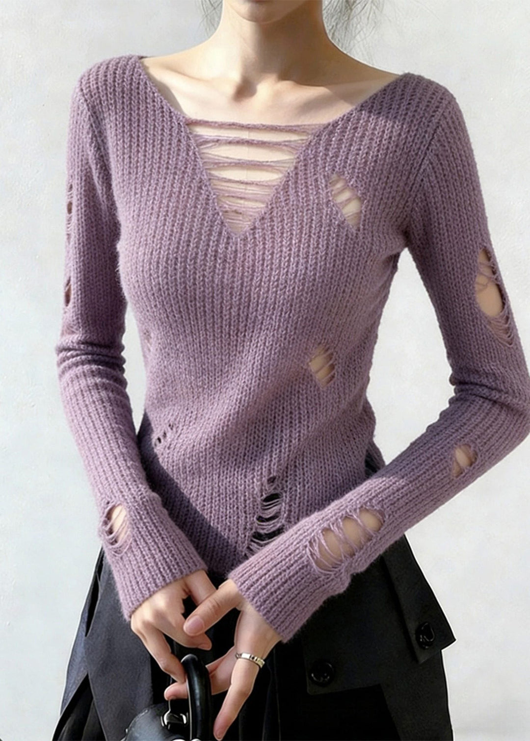 Beautiful Lavender V Neck Ripped Knitted Tops Spring