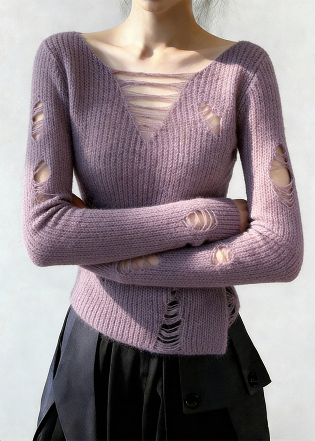 Beautiful Lavender V Neck Ripped Knitted Tops Spring