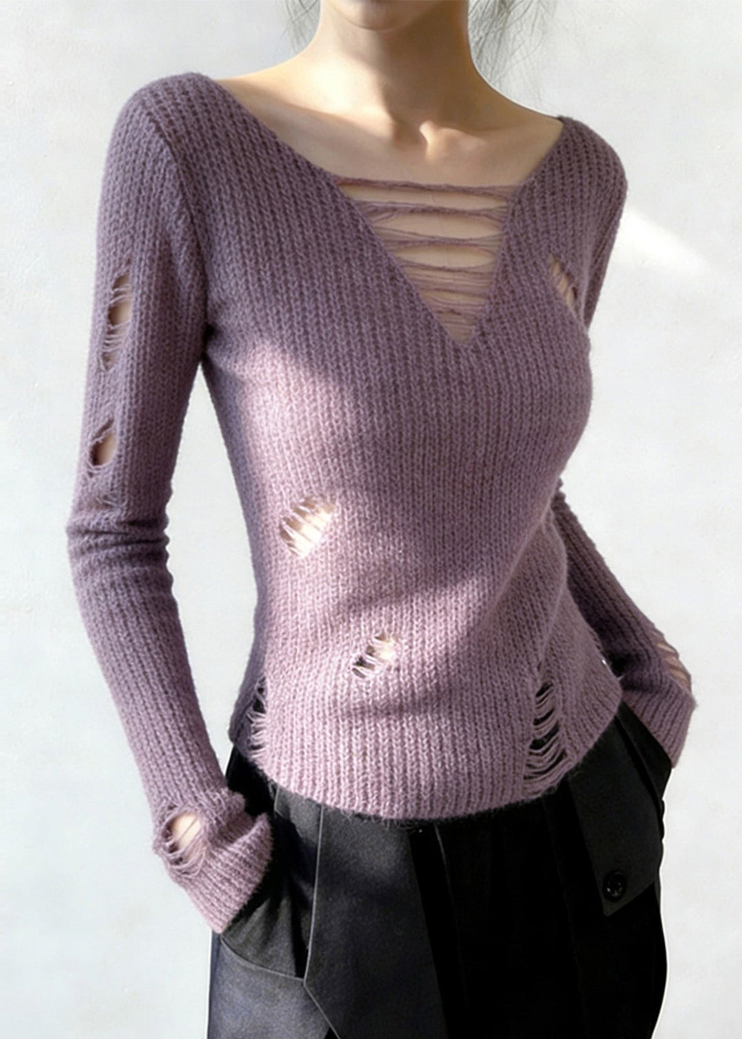 Beautiful Lavender V Neck Ripped Knitted Tops Spring