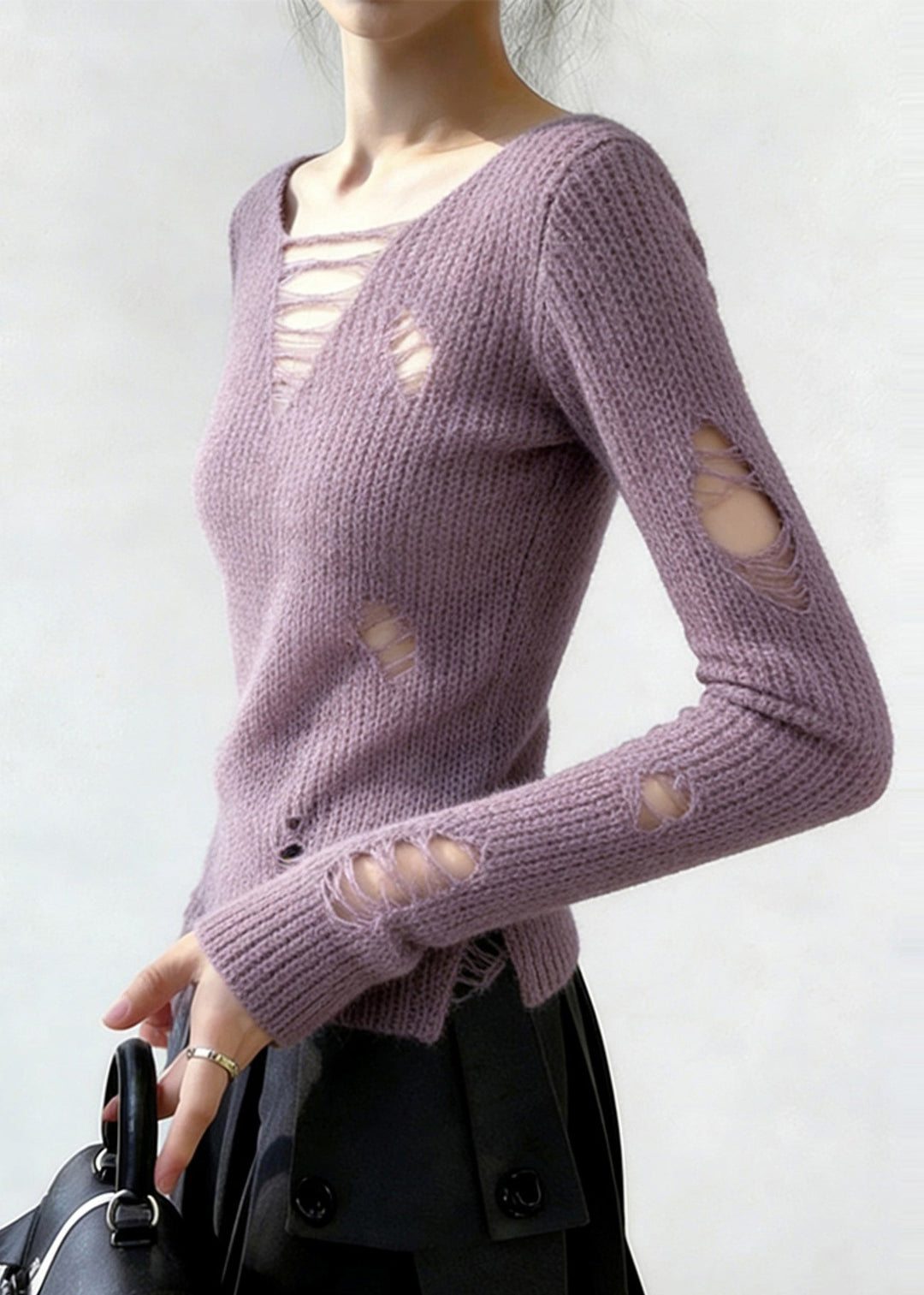 Beautiful Lavender V Neck Ripped Knitted Tops Spring
