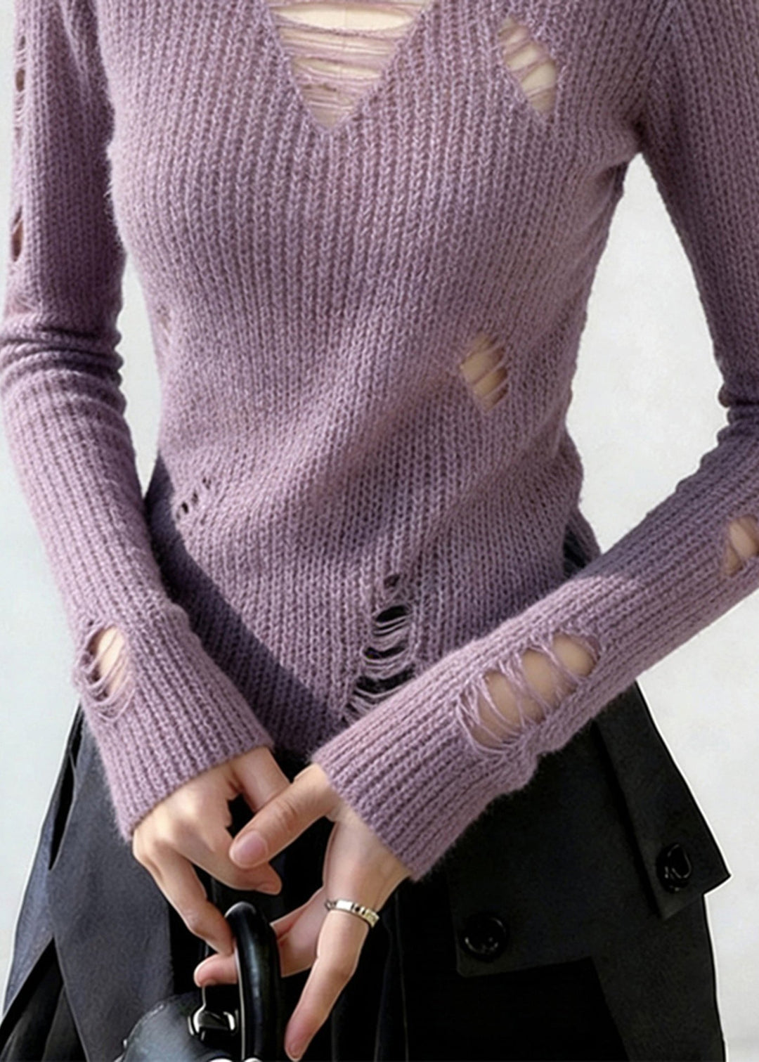 Beautiful Lavender V Neck Ripped Knitted Tops Spring
