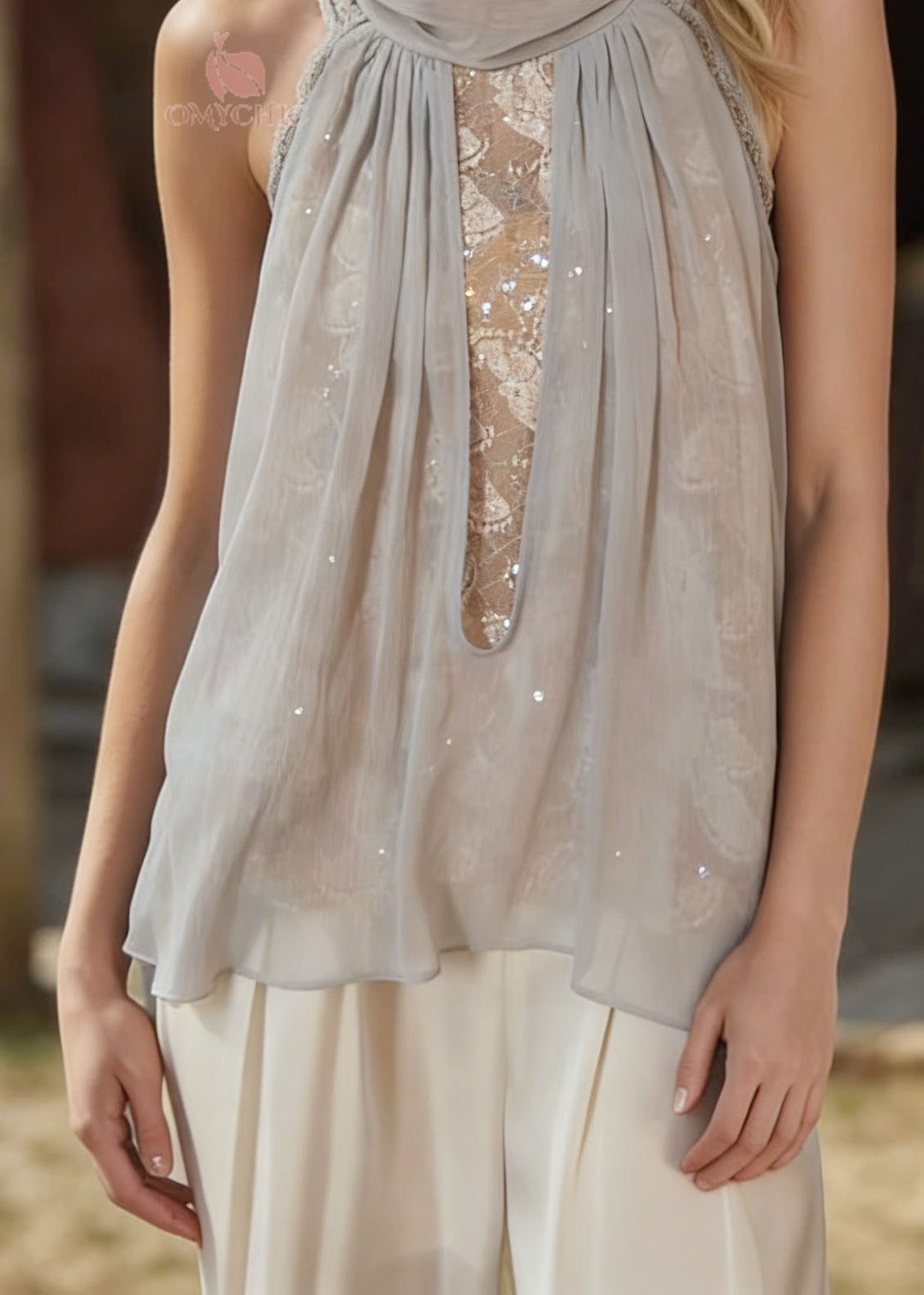 Beautiful Light Blue Lace Patchwork Chiffon Top Sleeveless