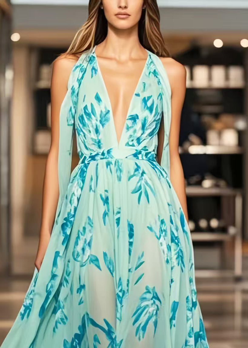 Beautiful Light Blue Print Exra Large Hem Chiffon Sundress Summer