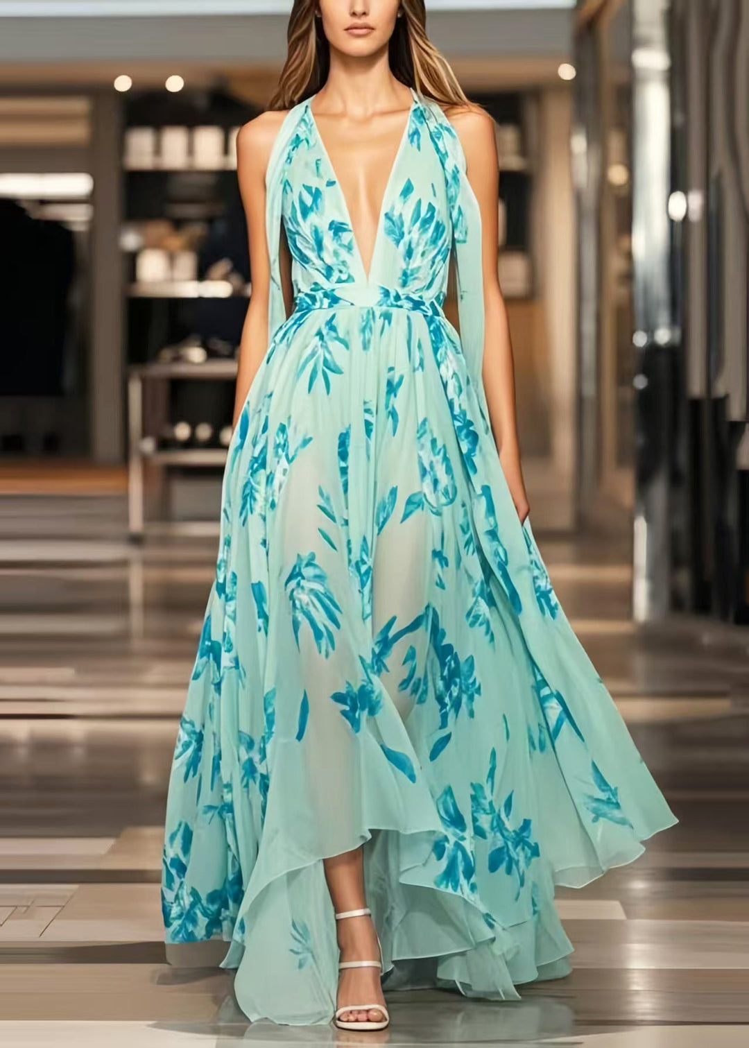 Beautiful Light Blue Print Exra Large Hem Chiffon Sundress Summer