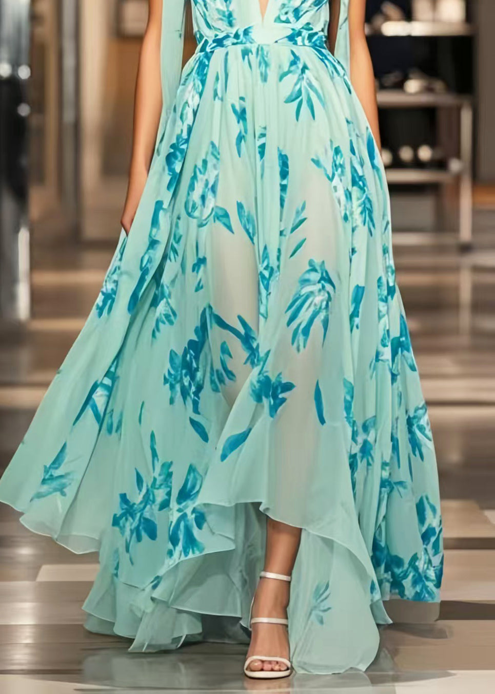 Beautiful Light Blue Print Exra Large Hem Chiffon Sundress Summer