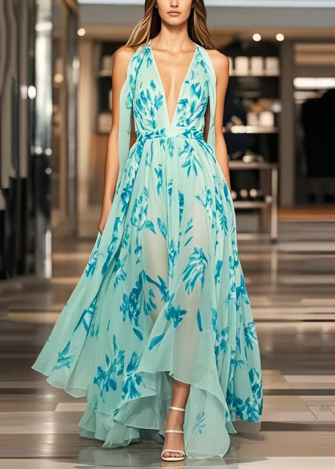 Beautiful Light Blue Print Exra Large Hem Chiffon Sundress Summer