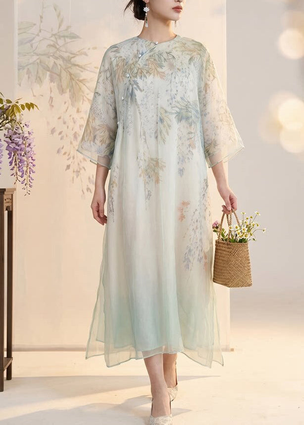Beautiful Light Blue Print Side Open Silk Holiday Dress Summer