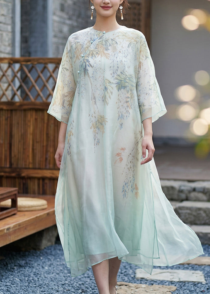 Beautiful Light Blue Print Side Open Silk Holiday Dress Summer
