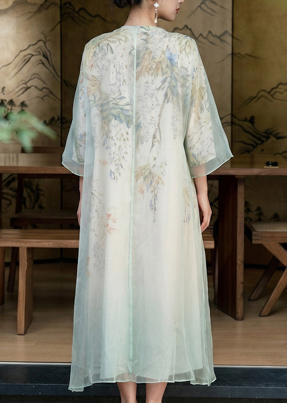 Beautiful Light Blue Print Side Open Silk Holiday Dress Summer