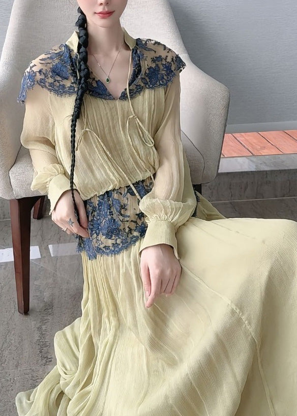 Beautiful Light Green Lace Patchwork Top And Maxi Skirts Two Piece Set Lantern Sleeve