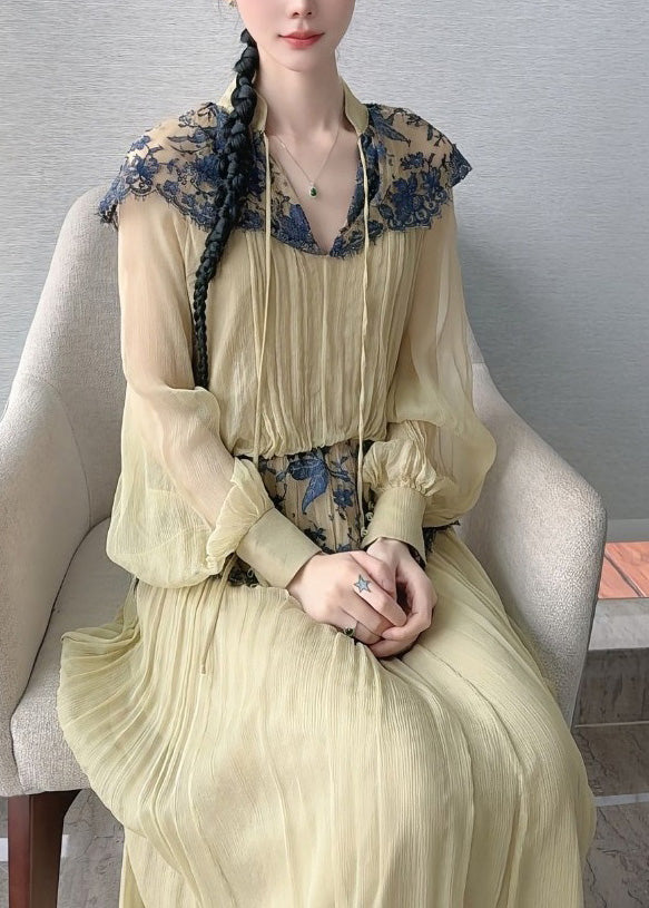 Beautiful Light Green Lace Patchwork Top And Maxi Skirts Two Piece Set Lantern Sleeve