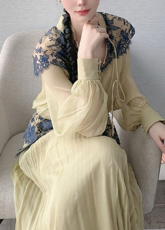 Beautiful Light Green Lace Patchwork Top And Maxi Skirts Two Piece Set Lantern Sleeve