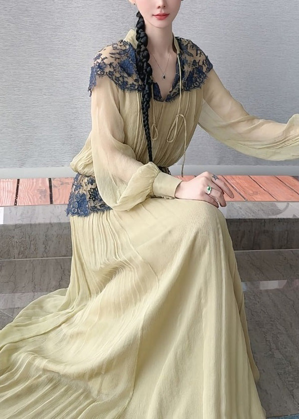 Beautiful Light Green Lace Patchwork Top And Maxi Skirts Two Piece Set Lantern Sleeve
