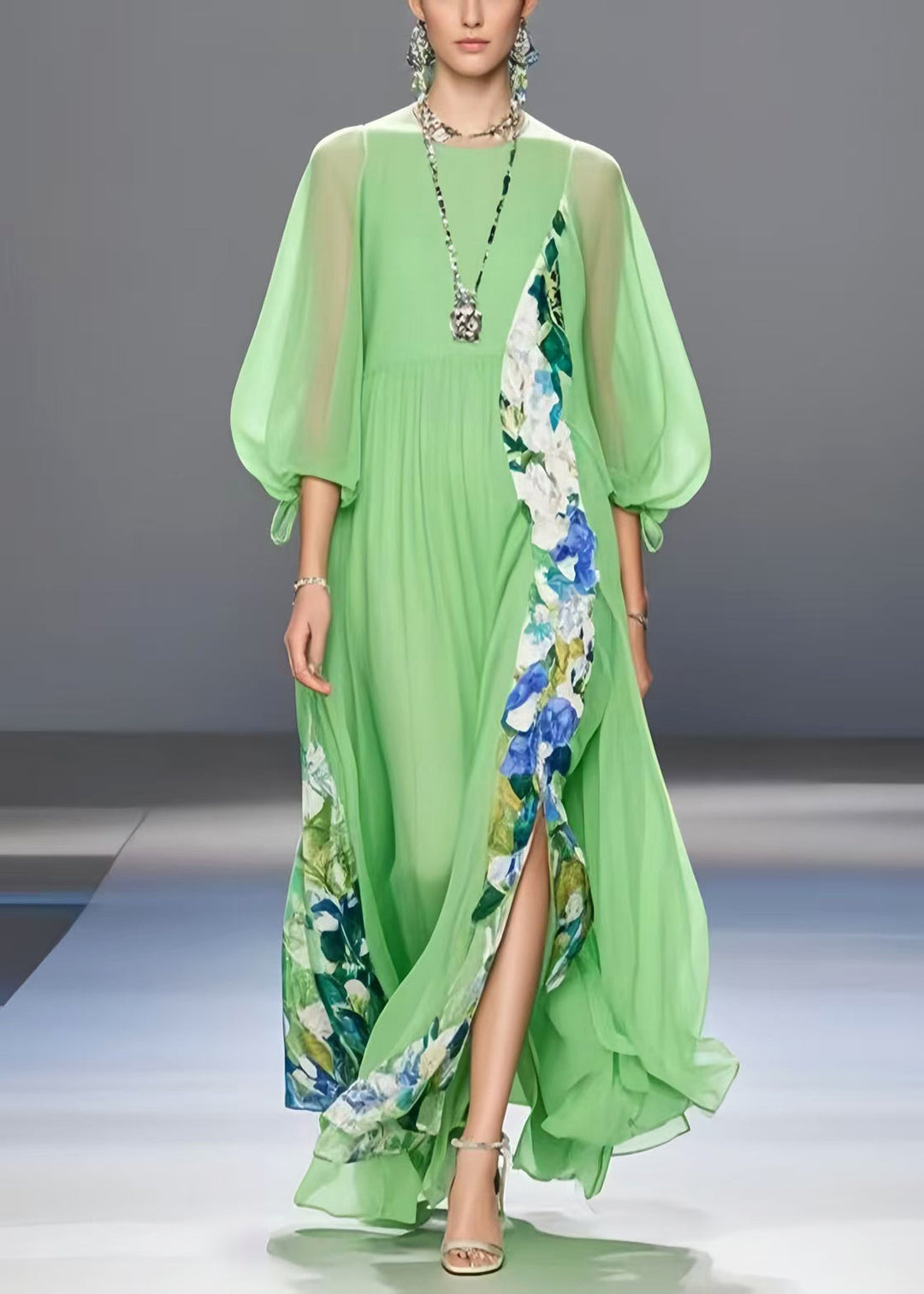 Beautiful Light Green Patchwork Side Open Chiffon Party Dresses Bracelet Sleeve