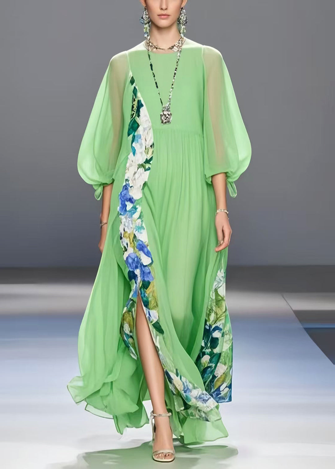 Beautiful Light Green Patchwork Side Open Chiffon Party Dresses Bracelet Sleeve