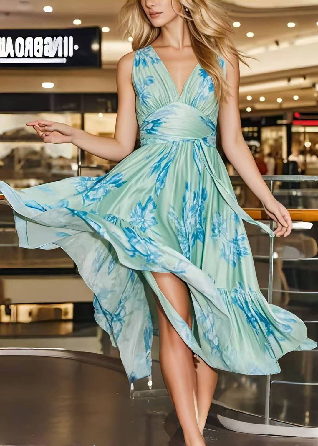 Beautiful Light Green Print Draping Chiffon Cami Dress Summer