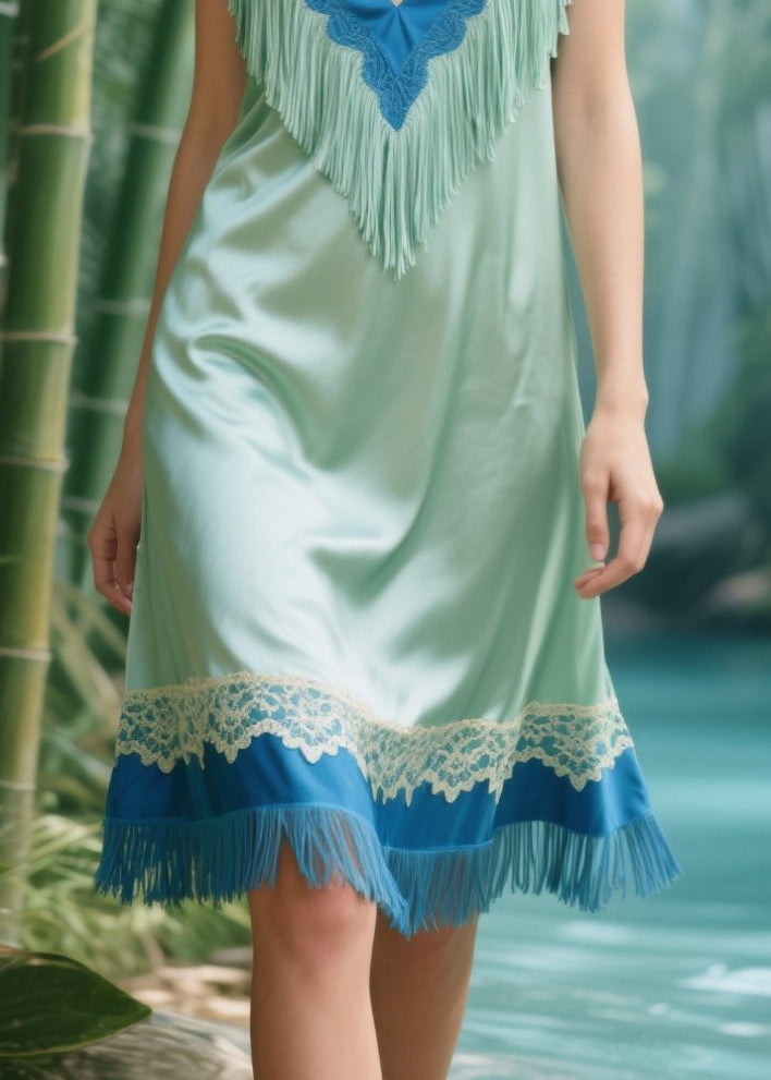Beautiful Light Green Tasseled Patchwork Silk Mid Dress Summer