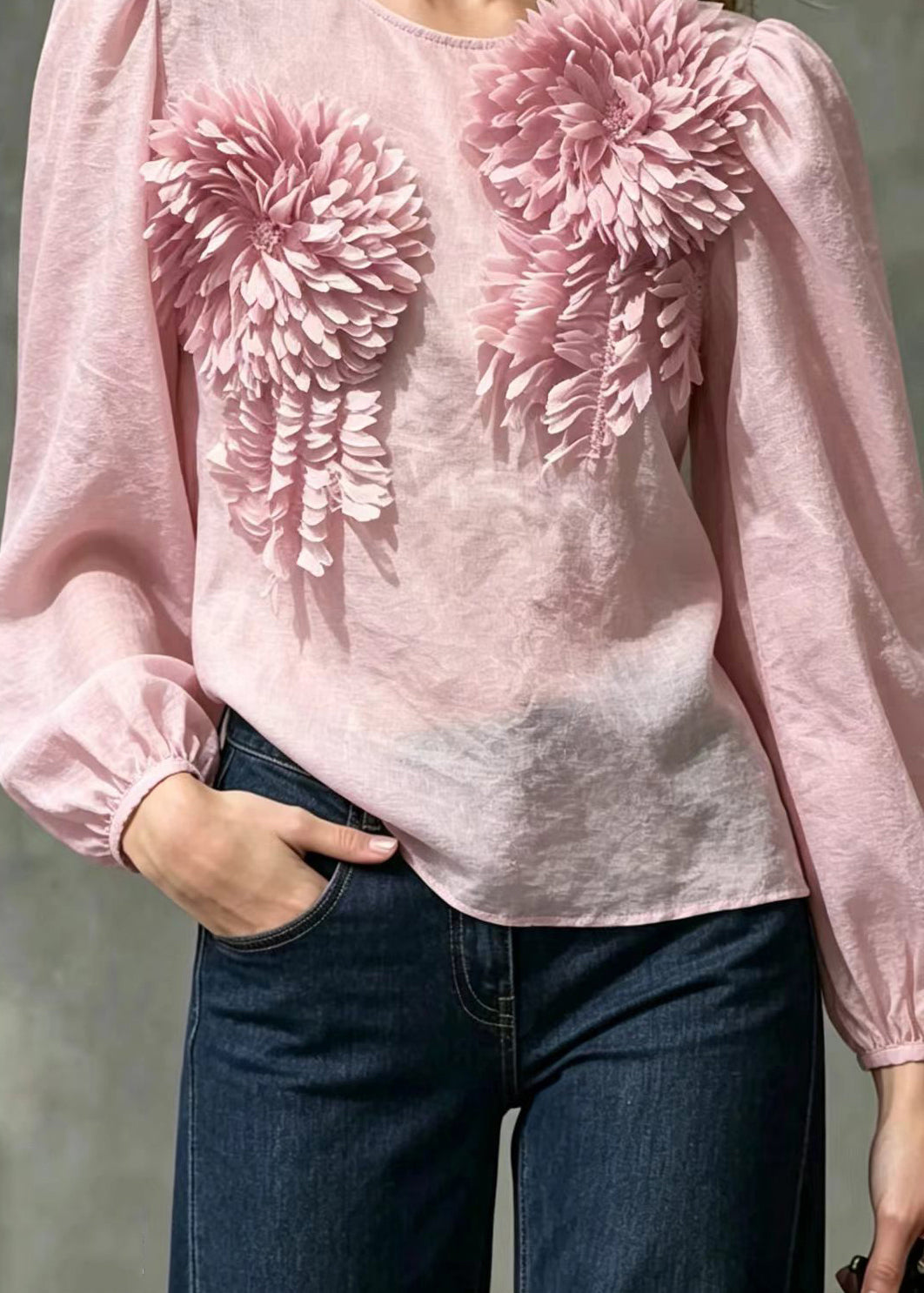 Beautiful Light Pink O-Neck Stereoscopic Floral Chiffon With Cami Two Pieces Set Fall
